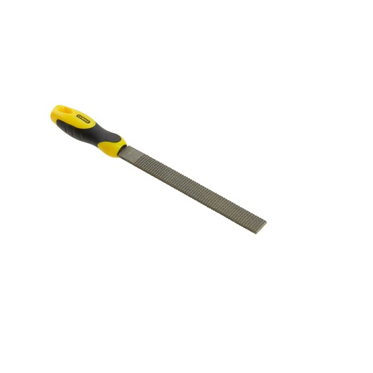 Lime à main Stanley avec poignée jaune et noire, utilisée pour lisser et façonner des matériaux.