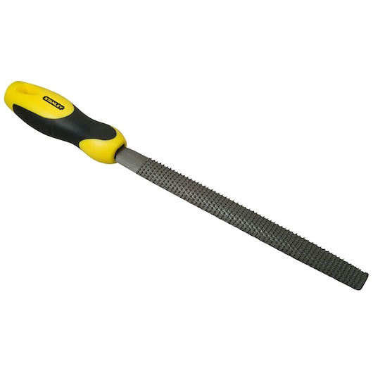 Foto van STANLEY 0-22-469 handrasp met geel-zwarte ergonomische handgreep, zijaanzicht op witte achtergrond.