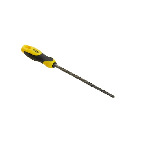 Foto van STANLEY 0-22-475 ronde vijl met geel en zwart ergonomisch handvat, zijaanzicht op witte achtergrond.