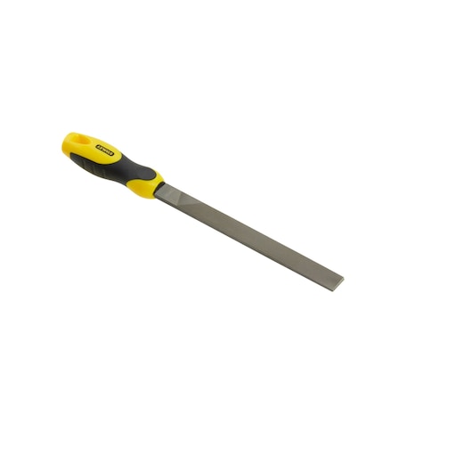 STANLEY 0-22-499 handvijl met geel-zwart ergonomisch handvat, productfotografie op witte achtergrond.