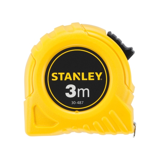 STANLEY 0-30-487 rolmaat, 3 m lang, gele behuizing, vooraanzicht op witte achtergrond.