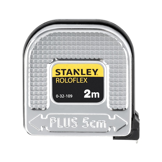 Foto van STANLEY 0-32-109 ROLOFLEX 2m rolmaat, zilverkleurige behuizing met geel-zwart label, vooraanzicht.