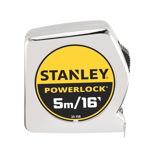 STANLEY 0-33-158 PowerLock rolmaat, 5m/16ft, vooraanzicht, zilveren en gele behuizing.