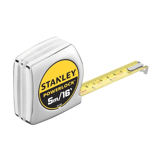 STANLEY 0-33-158 PowerLock rolmaat, 5m/16ft, zijaanzicht, zilveren en gele behuizing.