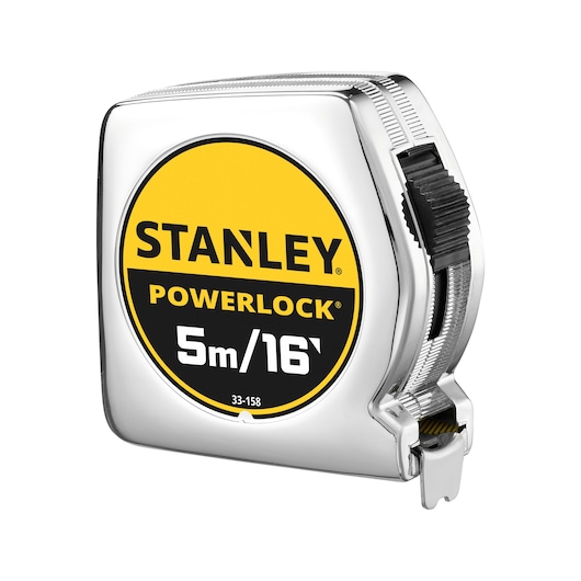 STANLEY 0-33-158 PowerLock rolmaat, 5m/16', zilveren behuizing, zijaanzicht, fotografie.