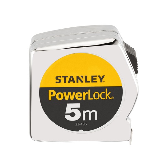 STANLEY 0-33-195 rolmaat, PowerLock 5m, vooraanzicht, zilverkleurige behuizing met geel-zwarte label.
