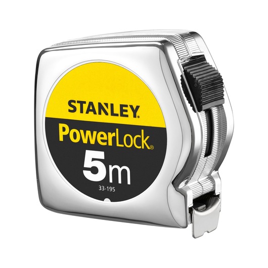 Foto van STANLEY 0-33-195 rolmaat, PowerLock, 5m, chroom behuizing, linkerhoek op witte achtergrond.