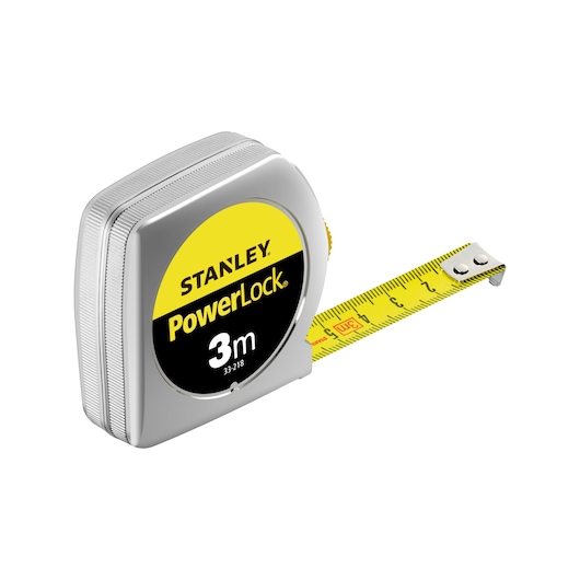 STANLEY 0-33-218 PowerLock rolmaat, 3m, zilveren behuizing, vooraanzicht, geel gemarkeerd blad