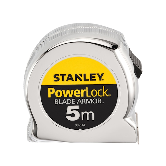 Foto van STANLEY 0-33-514 rolmaat met chromen behuizing, PowerLock merk, 5m, vooraanzicht.