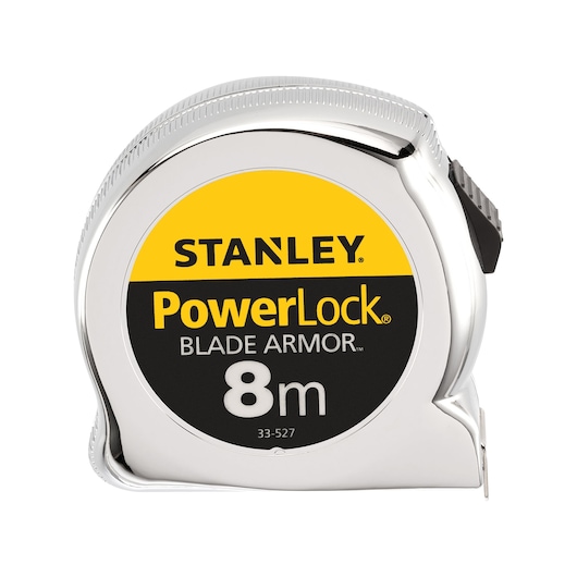 STANLEY 0-33-527 PowerLock Blade Armor 8m rolmaat, zijaanzicht op witte achtergrond.