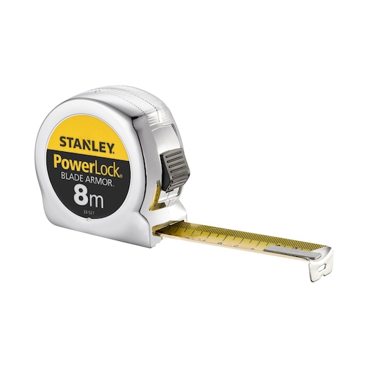 STANLEY 0-33-527 PowerLock rolmaat, zilver en geel, vooraanzicht, met uitgeschoven blade.