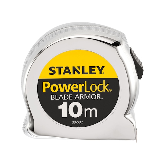 STANLEY 0-33-532 PowerLock Blade Armor 10m rolmaat, chromen behuizing, vooraanzicht, fotografie