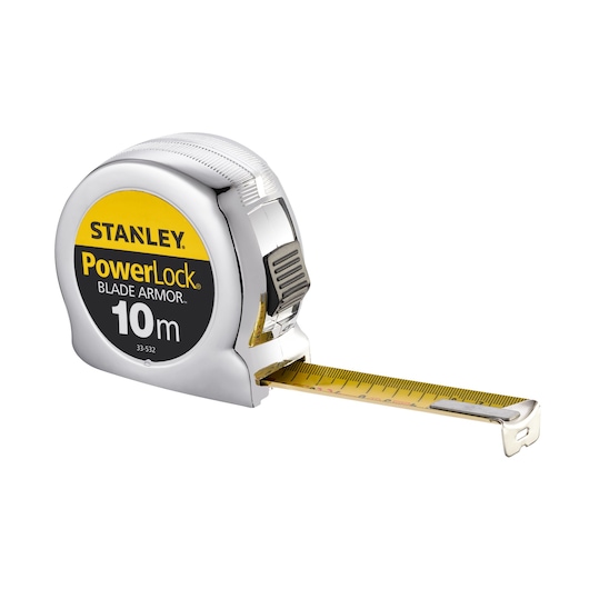 STANLEY 0-33-532 rolmaat, chroom behuizing, gele 10m band, PowerLock Blade Armor, vooraanzicht op witte achtergrond.