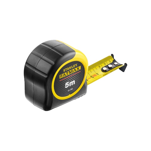 Stanley 0-33-720 FATMAX 5m meetlint, geel en zwart, zijaanzicht foto op witte achtergrond.
