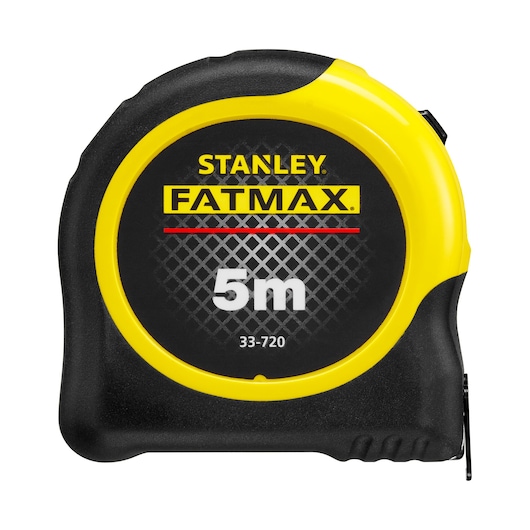 STANLEY 0-33-720 rolmaat, FATMAX-serie, 5m lengte, zwart-geel, vooraanzicht, fotografie.