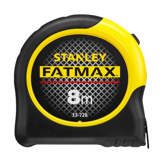 STANLEY 0-33-728 rolmaat, FATMAX-serie, 8m lengte, vooraanzicht op witte achtergrond.