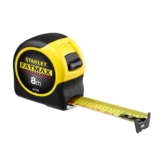 STANLEY 0-33-728 rolmaat, FATMAX-serie, geel en zwart, zijaanzicht met uitgetrokken blad.