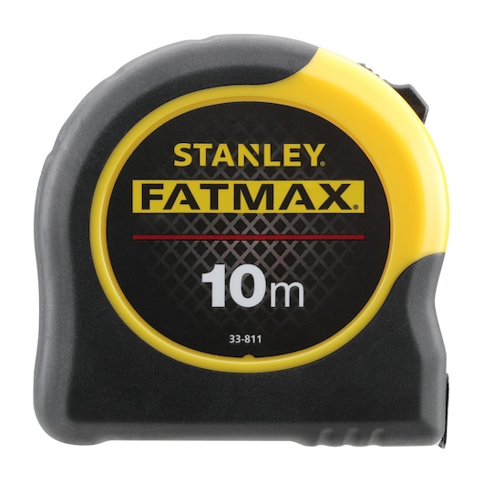 STANLEY 0-33-811 FATMAX 10m rolmaat, zwart en geel omhulsel, vooraanzicht product, witte achtergrond.