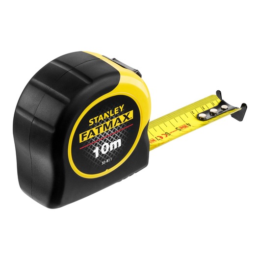 STANLEY 0-33-811 rolmaat, FATMAX-serie, 10m lengte, zwart met geel omhulsel, zijaanzicht op witte achtergrond.