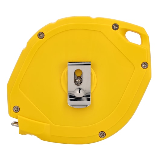 STANLEY 0-34-105 gele rolmaat met metalen riemclip, achteraanzicht, op witte achtergrond.