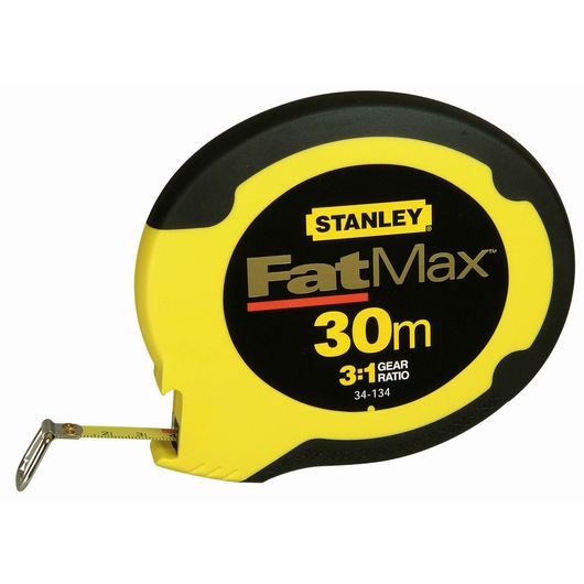 STANLEY 0-34-134 FatMax meetlint 30m in geel en zwart, vooraanzicht van het product op witte achtergrond.