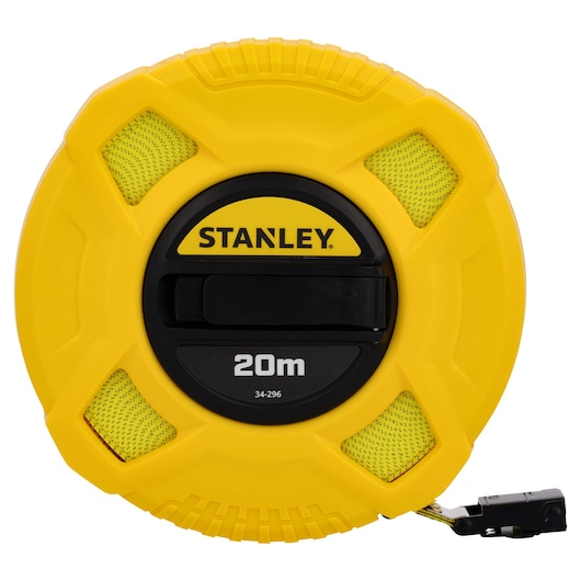 STANLEY 0-34-296 gele open rolmaat 20m, vooraanzicht op witte achtergrond.