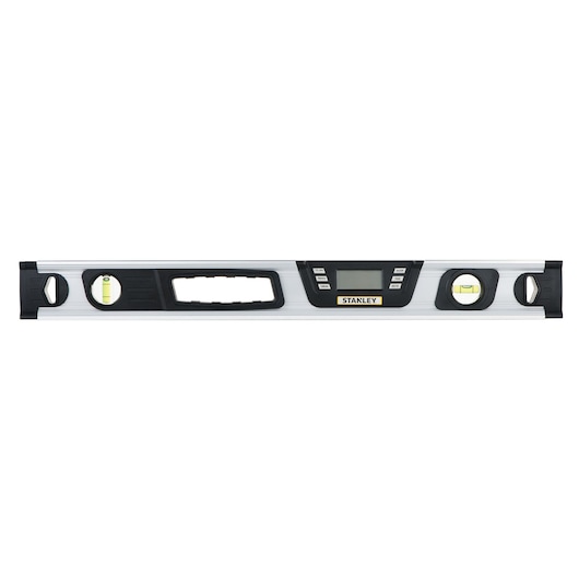 STANLEY 0-42-065 digitale waterpas met LCD-display, zilver en zwart, frontaal aanzicht op witte achtergrond.