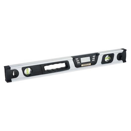 STANLEY 0-42-065 digitale waterpas met LCD-scherm, aluminium behuizing en zwarte accenten, vooraanzicht.