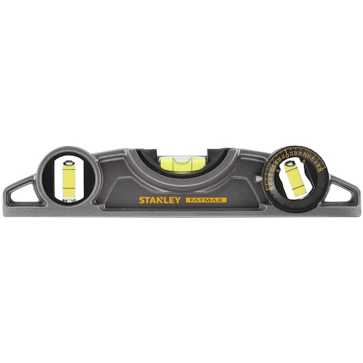 STANLEY 0-43-609 FATMAX torpedoniveau met drie libellen en gradenboog, vooraanzicht op witte achtergrond.