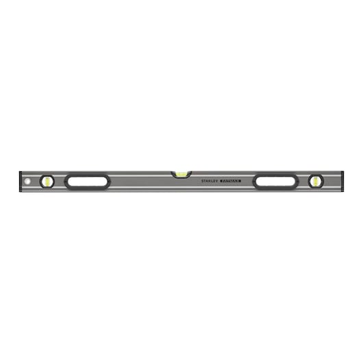 STANLEY 0-43-636 waterpas, zilverkleurig met zwarte uiteinden, horizontale vooraanzicht, drie libellen, FatMax merk.