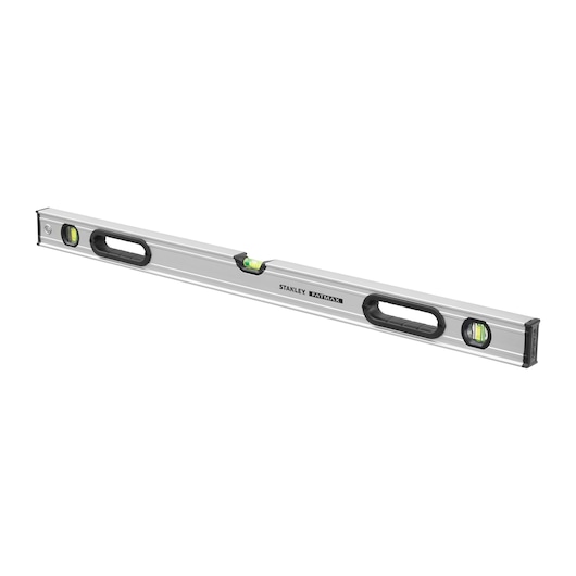STANLEY 0-43-637 waterpas, zilver met drie groene libellen en twee zwarte handvatten, schuine hoek op witte achtergrond.