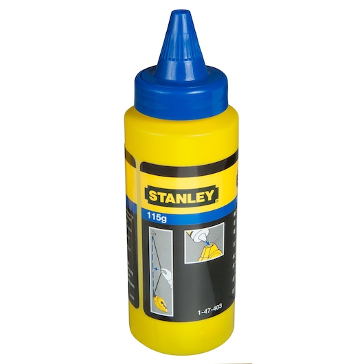 STANLEY 0-47-440 krijtpoederfles, geel en blauw plastic, voorkant op witte achtergrond.