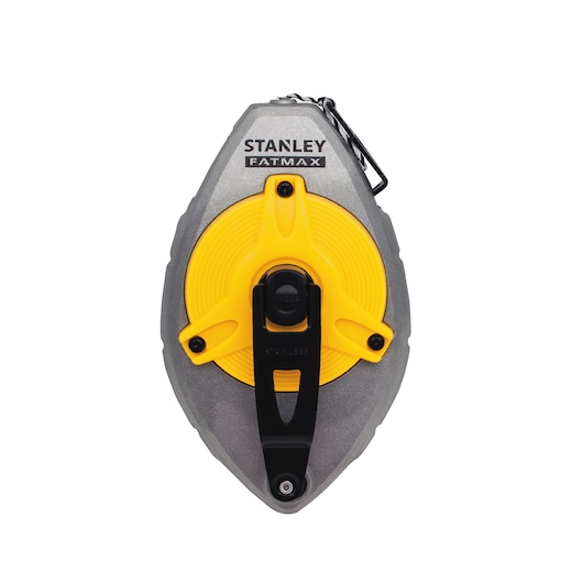 Stanley 0-47-480 krijtlijnhaspel, FATMAX series, grijs en geel, vooraanzicht, witte achtergrond.