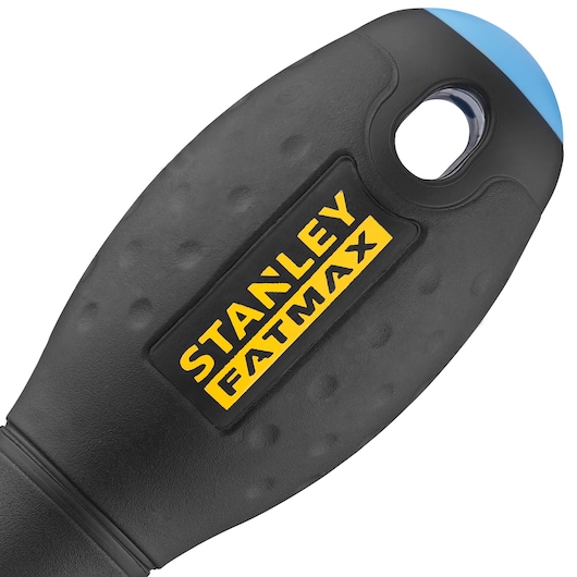 Poignée ergonomique noire de tournevis STANLEY 0-62-571 en gros plan, logo FATMAX jaune, fond blanc.
