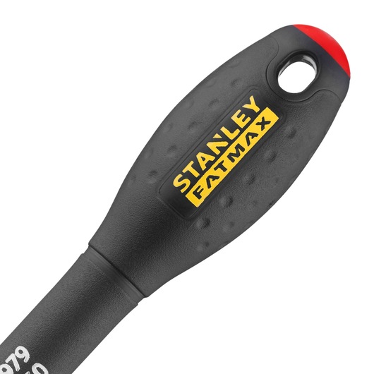 Poignée de tournevis STANLEY 0-64-979, noire avec logo jaune, extrémité arrondie avec accent rouge, gros plan, fond blanc.