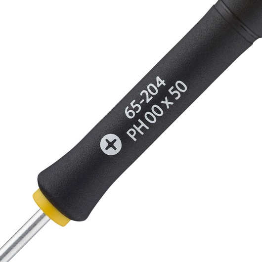 Tournevis de précision Phillips STANLEY 0-65-204, manche noir avec accent jaune, gros plan sur fond blanc.