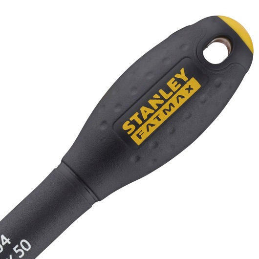 Manche de tournevis STANLEY 0-65-204 en gros plan, noir et jaune avec prise texturée et trou de suspension, fond blanc.