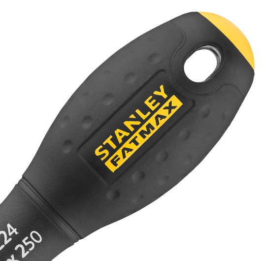 STANLEY 0-65-224 schroevendraaierhandvat close-up met zwart, gestructureerd handvat en geel FATMAX-logo.