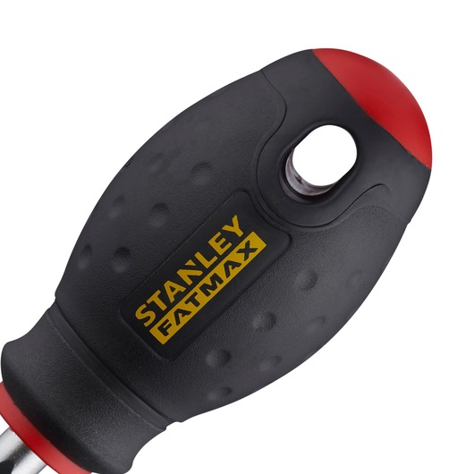 STANLEY 0-65-404 schroevendraaier handgreep close-up met zwart getextureerd oppervlak en rode uiteinde, FATMAX logo zichtbaar.