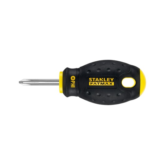 STANLEY 0-65-406 tournevis cruciforme court avec manche FATMAX noir et jaune, vue latérale sur fond blanc.
