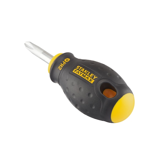 STANLEY 0-65-407 korte kruiskopschroevendraaier, zwart-gele handgreep, zijaanzicht, witte achtergrond.