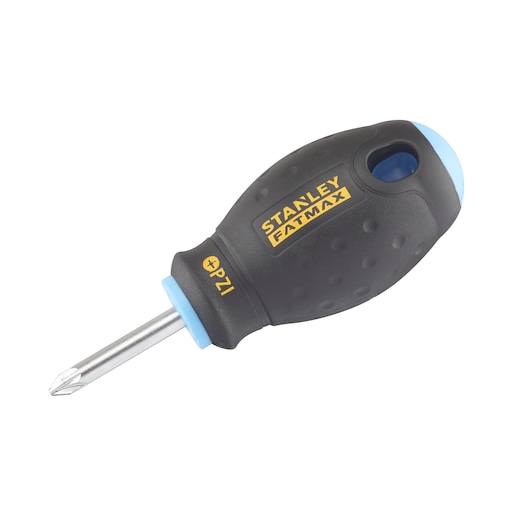 STANLEY 0-65-408 FATMAX korte kruiskopschroevendraaier, zwart-blauw handvat, zijaanzicht op witte achtergrond.