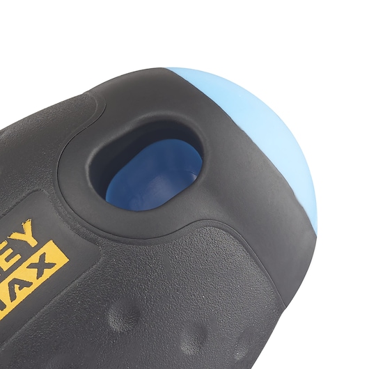 STANLEY 0-65-408 schroevendraaierhandvat close-up, zwart en blauw plastic, productfotografie, witte achtergrond.