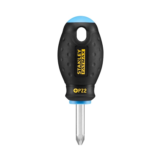 STANLEY 0-65-409 korte Pozidriv-schroevendraaier met zwarte, getextureerde handgreep, vooraanzicht, witte achtergrond.