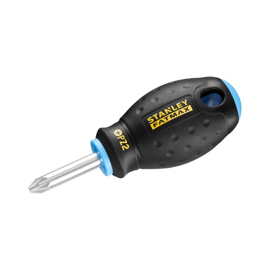 STANLEY 0-65-409 korte kruiskopschroevendraaier met zwarte, gestructureerde handgreep, geel logo en blauwe punt, schuine aanzicht.