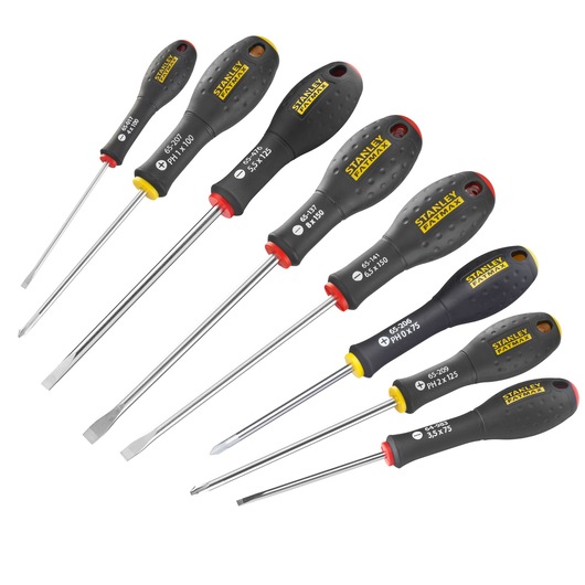 Ensemble Stanley de huit tournevis assortis, poignées noires et jaunes, têtes plates et cruciformes.