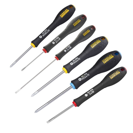 Set de tournevis STANLEY 0-65-492 à poignées ergonomiques noires et embouts assortis, anglé sur fond blanc.