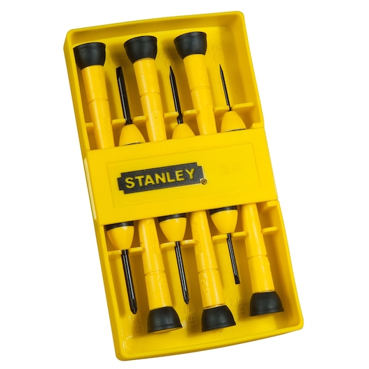 Foto van STANLEY 0-66-052 precisie-schroevendraaierset in gele kunststof koffer, zes schroevendraaiers netjes gerangschikt, bovenaanzicht.