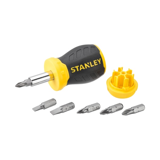 STANLEY 0-66-357 tournevis à cliquet compact avec poignée jaune et noire, six embouts et porte-embouts, vue de face.