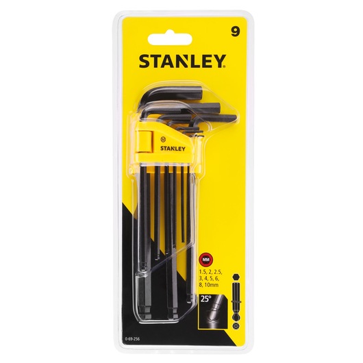 STANLEY 69-256-KR 9-delige inbussleutelset in geel-zwarte verpakking, frontaal aanzicht.